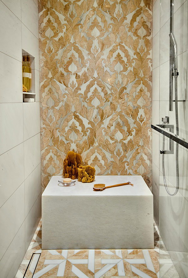Luxury custom shower in penthouse condo remodel by KGA Studio Architects.