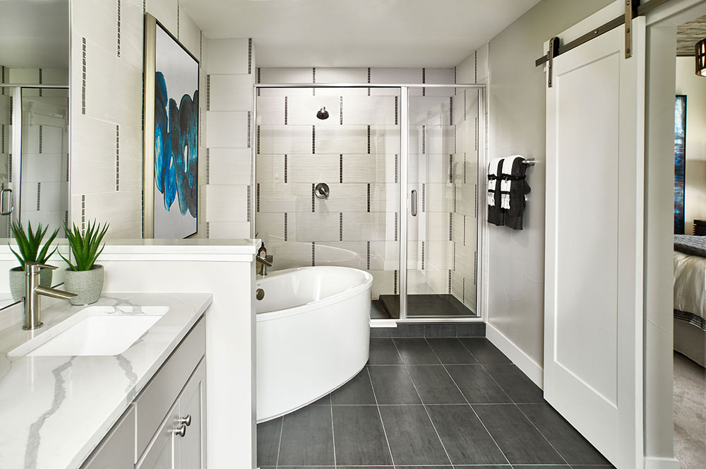 Sometimes urban infill architecture requires unconventional thinking, such as this master bath with the soaking tub set at an angle.