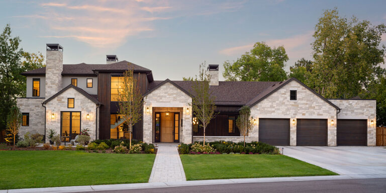 Front elevation of modern hill country home located in Denver's Belcaro Neighborhood. Designed by KGA Studio Architects.
